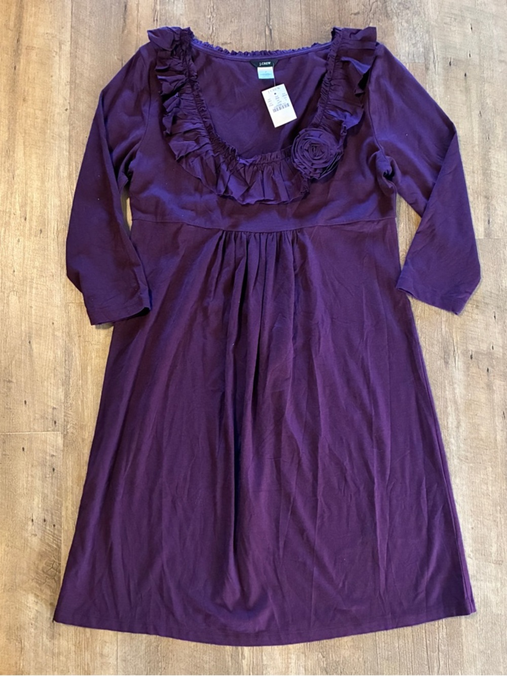 J Crew NWT Deep Purple Ruffle-Neck Dress with Rosette
